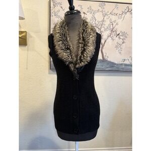 ny knits Petite PXL Black Knit Sweater Vest Faux Fur Trim Button Front